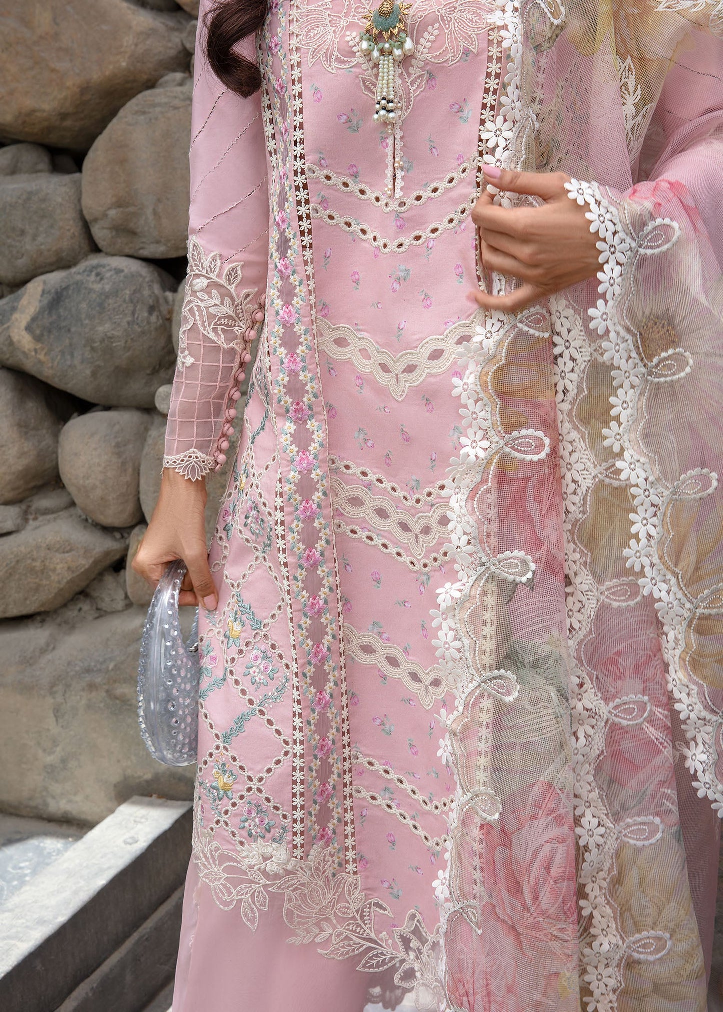 Crimson A Floral Mesh | Baby Pink - Chikankari Collection