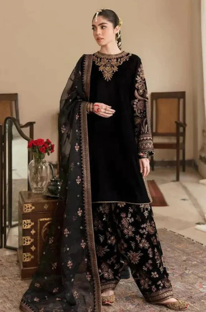 Boraque - 3 Piece - Velvet Embroidered Suit - SB0167-Black-Velvet