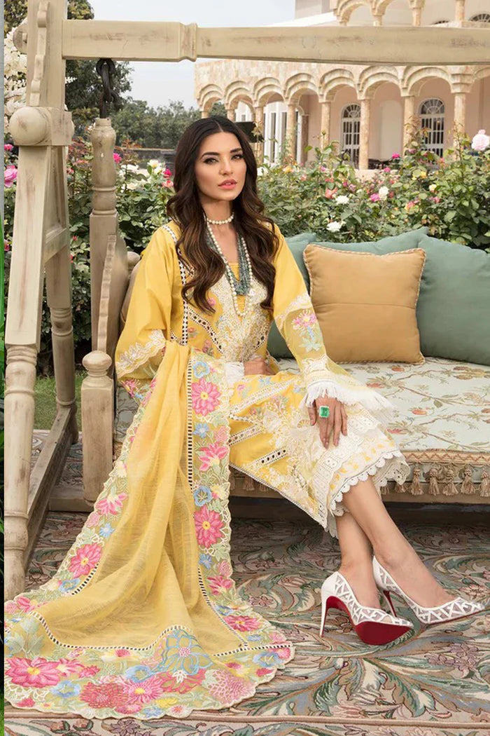 Crimson Yellow Embroidered Lawn 3pc with Embroidered Slub Net dupatta-GA1693-Yellow-Chikankari