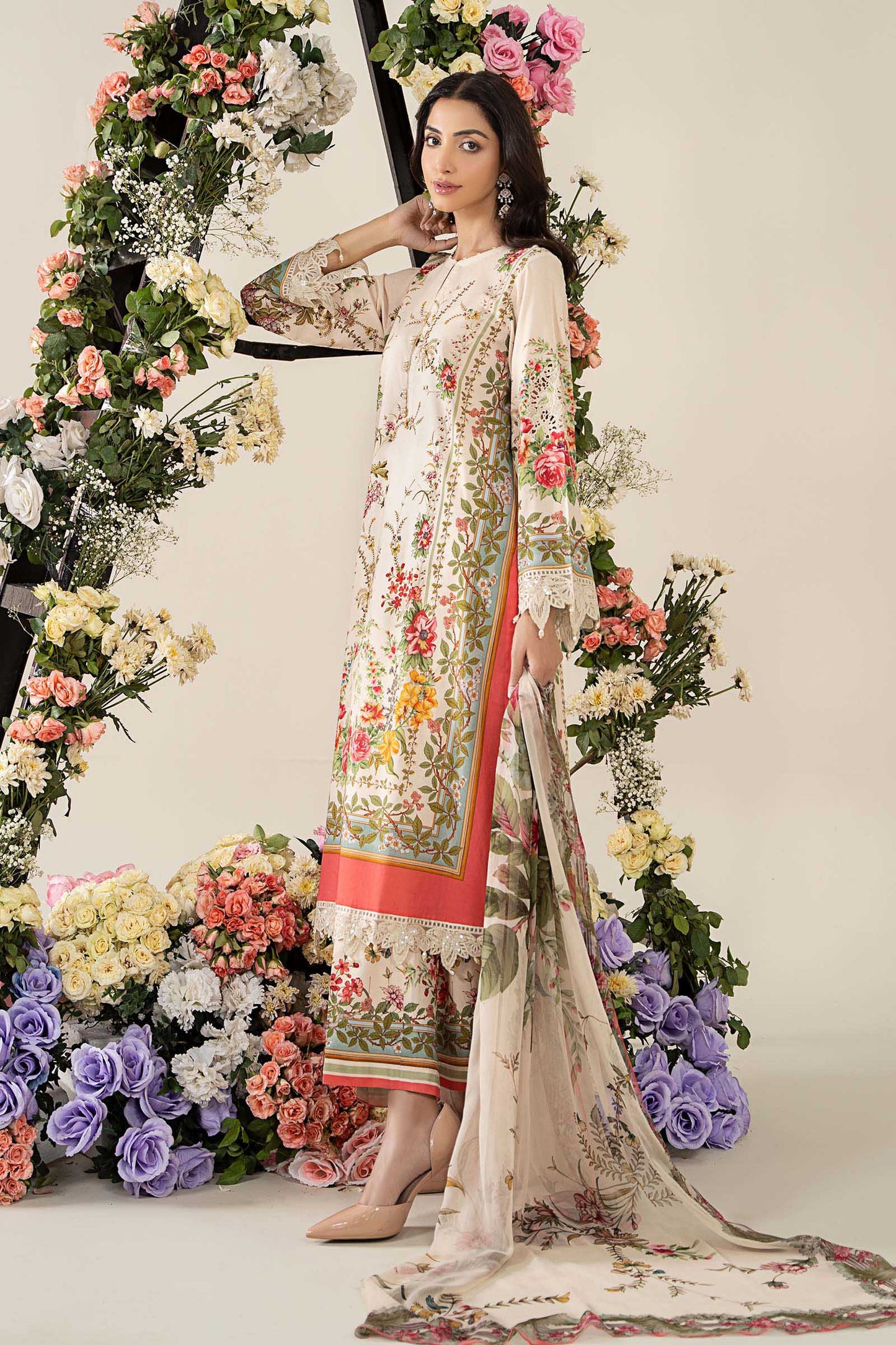 Maria B MPT-2605-A | Beige - 3 Piece Unstitched Embroidered Lawn Suit