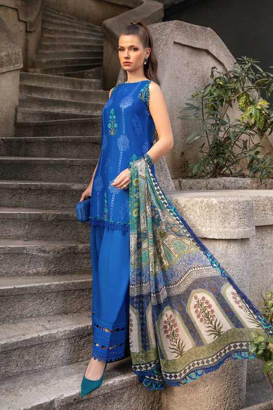Blue-3 Piece Unstitched Printed Cambric Suit | MPT-2303-A-Blue-Cotton