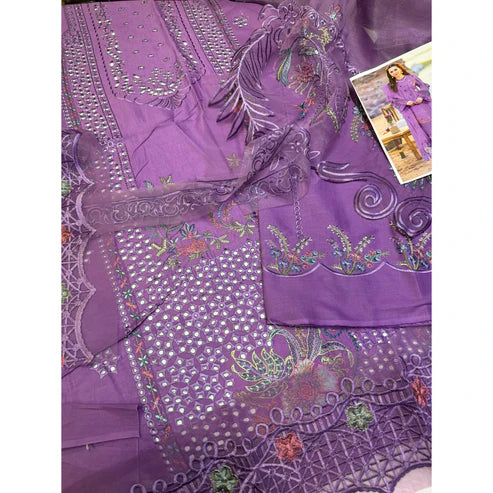 QALAMQAR CAMBRIC PREMIUM 3 PIECE UNSTICHED QR 11 LAVENDER_ Purple