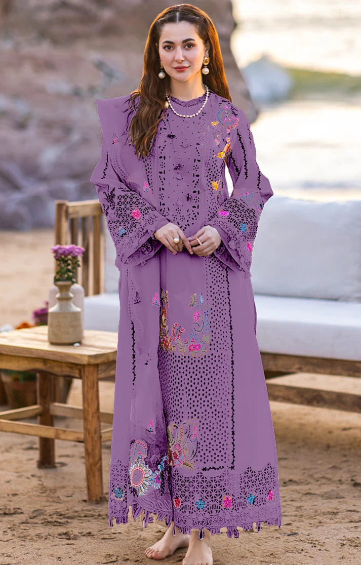 QALAMQAR CAMBRIC PREMIUM 3 PIECE UNSTICHED QR 11 LAVENDER_ Purple