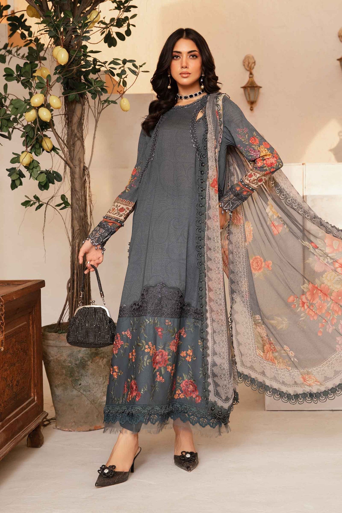 Lawn-Gray 3 Piece Unstitched Printed Suit | MPT-2202-B