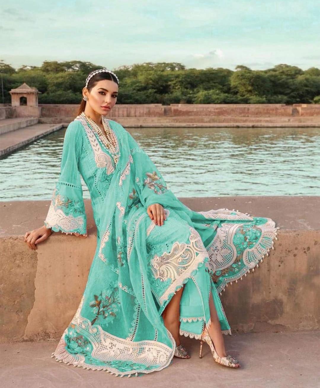 Crimson - 3PC lawn chicken kari Embroidered suit - GKA2441-Aqua-Chikankari