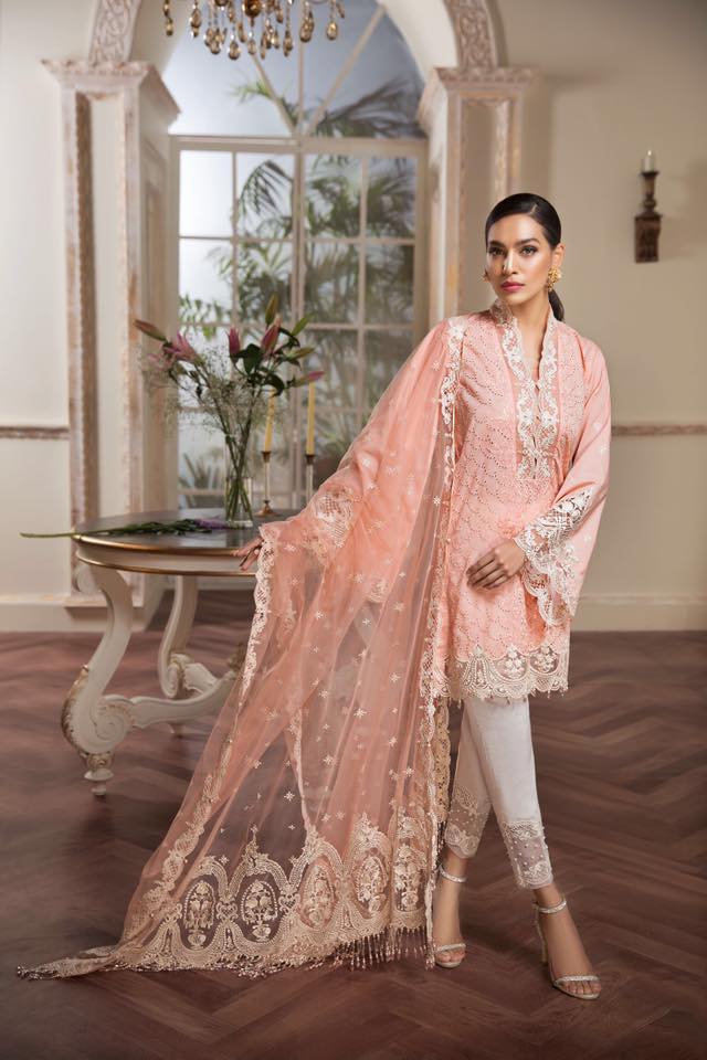 ANAYA Peach Chikankari Embroidery Dress 3pc-Pink-Chikankari