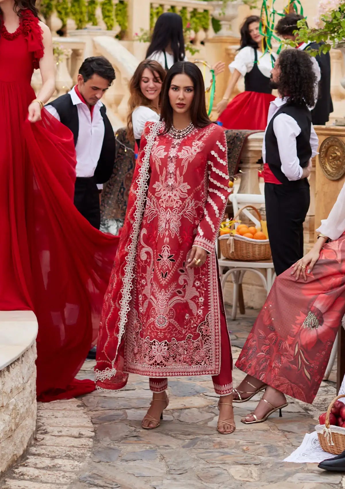 Chikenkari Mushq Embroidered Summer Three Piece MQ-31-Red-Chikankari