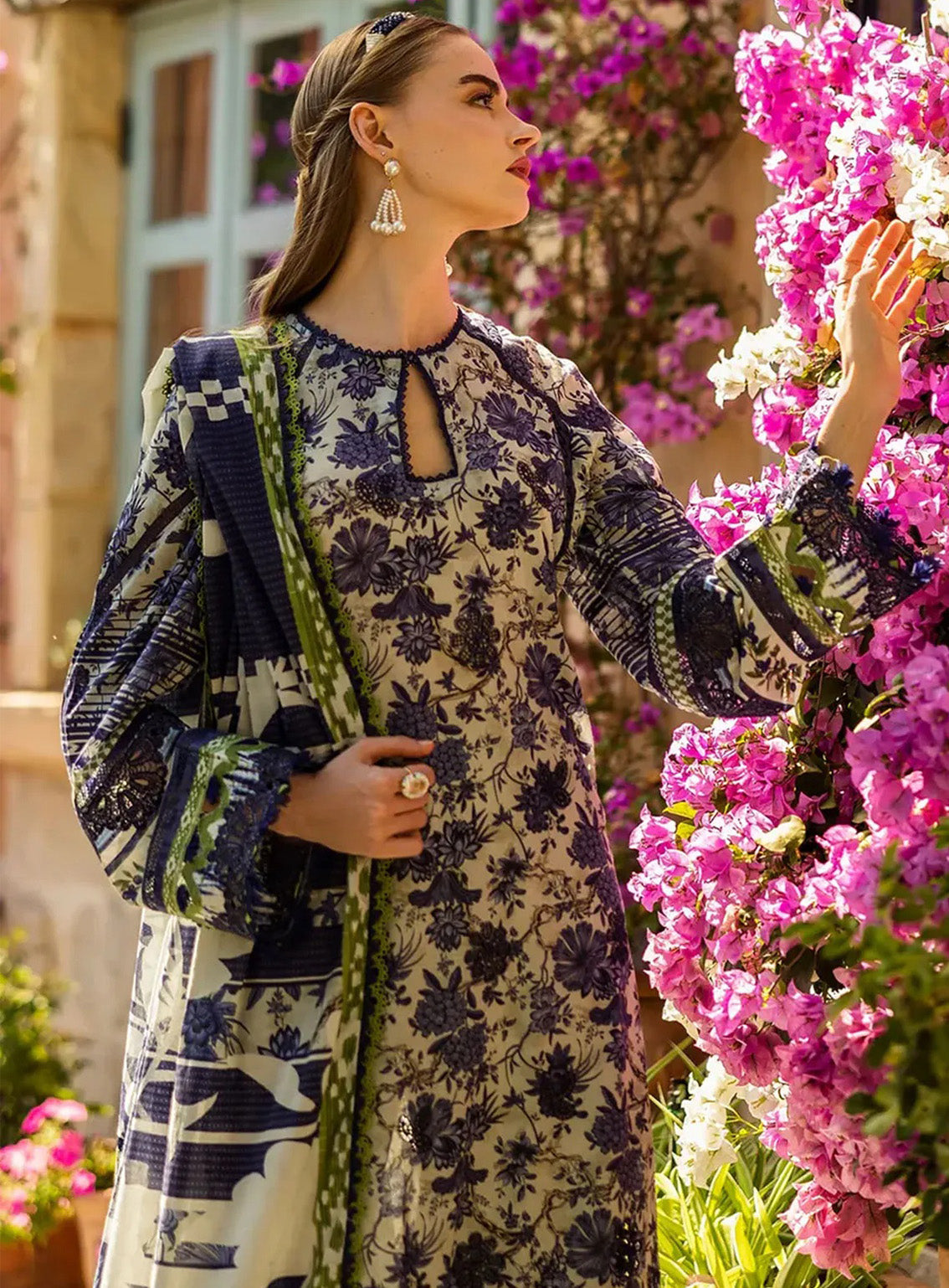 Blue-Elaf Embroidered 3 Piece Unstitched Lawn Suit- Chikankari Collection