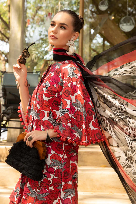 Embroidered Lawn 3 Piece Unstitched Suit MBL-MPT-1710-A-23 -Red