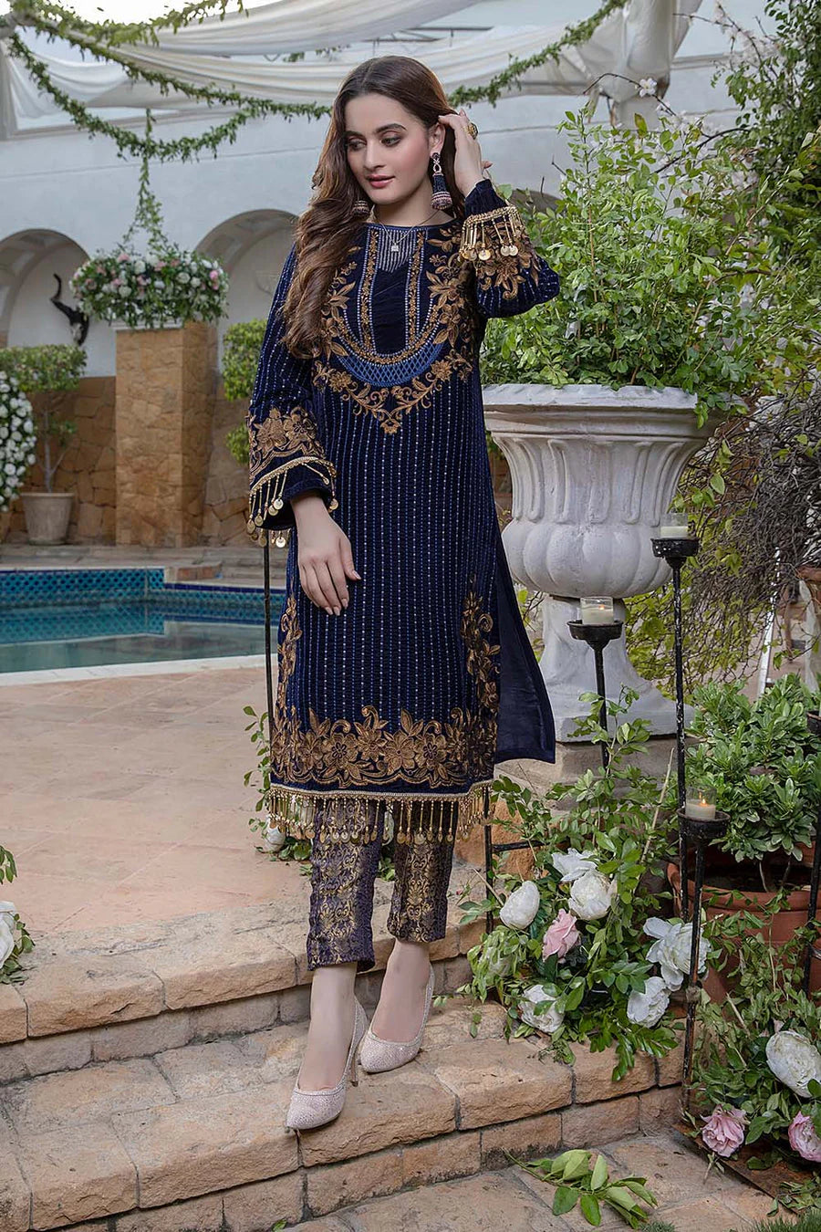 Azure Navy blue Velvet Embroidery Dress 3pc Floral Looms Azure Navy blue Velvet Embroidery Dress 3pc Floral Looms