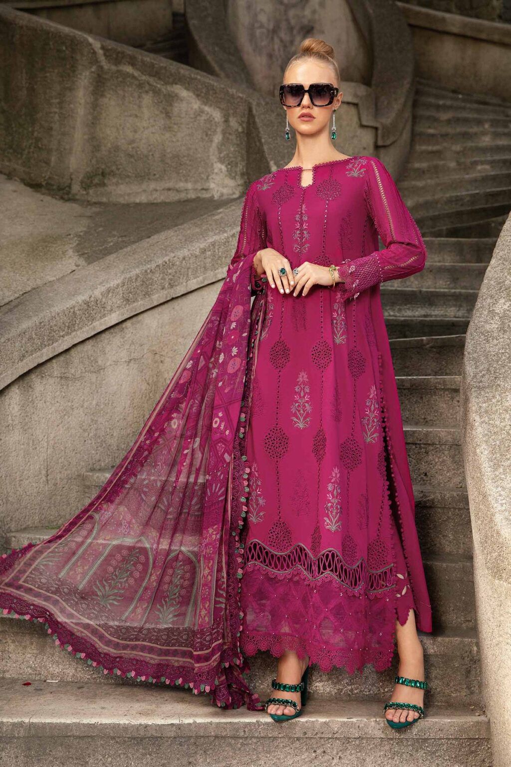 3 Piece Unstitched Printed Cambric Suit | MPT-2303-B-Pink-Cotton