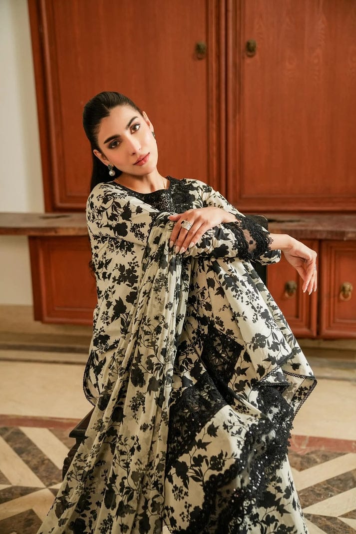 Aneela's Collection | Off-White & Black Floral Print - Lawn With Chiffon Dupatta