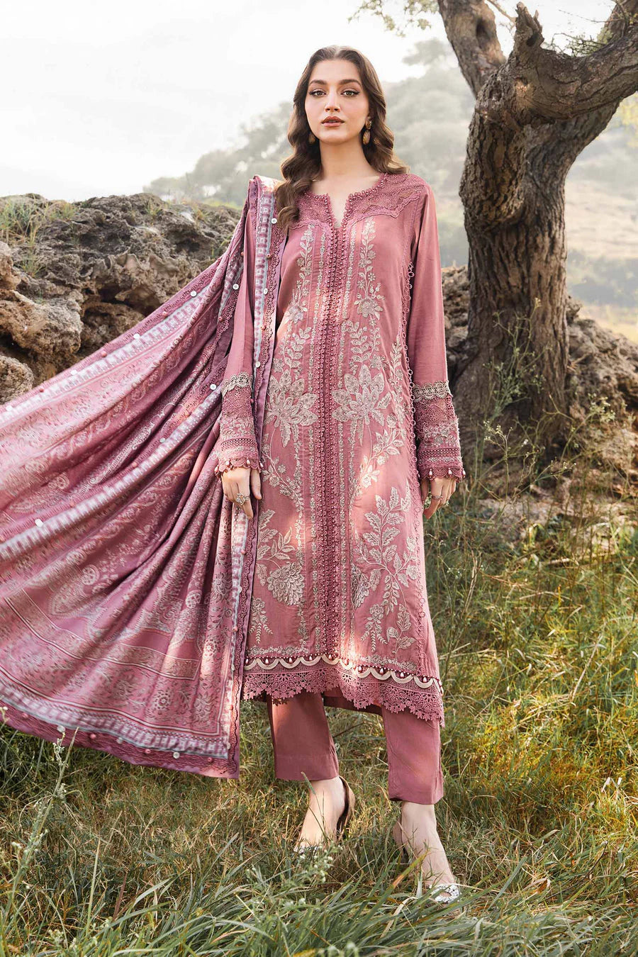 Pink-Maria.B M.Prints Embroidered Linen Unstitched 3Pc Suit MPT-2404-A