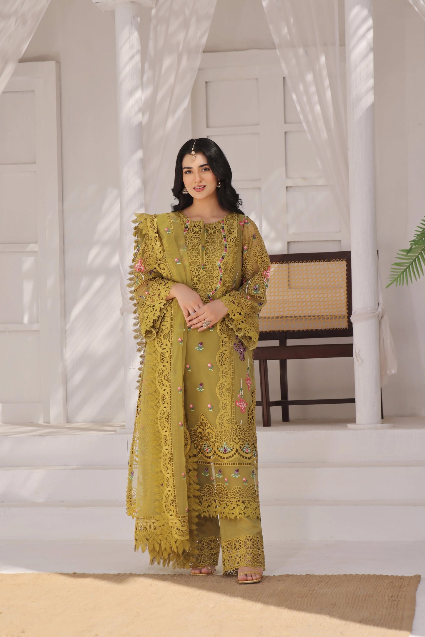 Yellow- Party wear organza stitched 4 piece