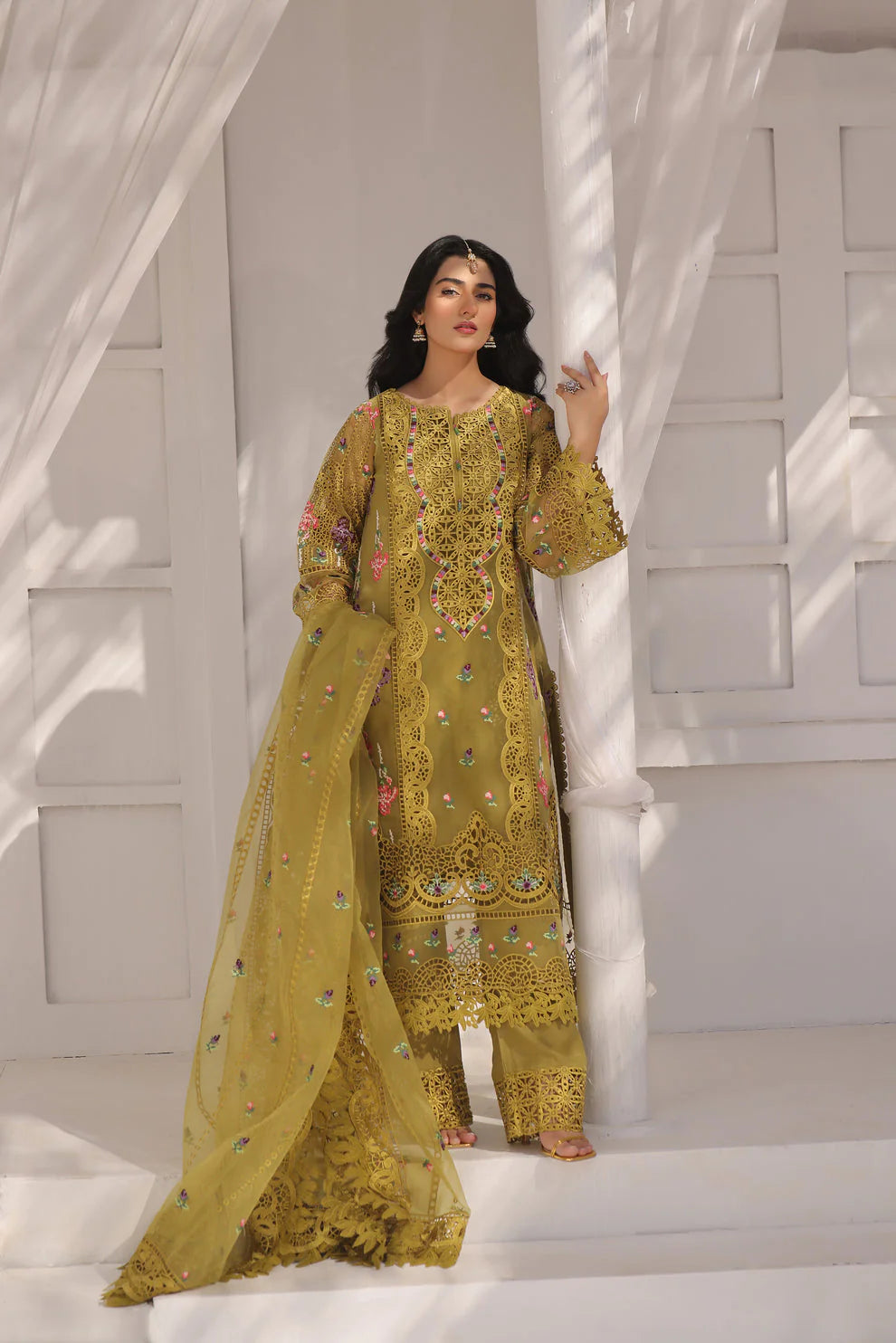 Yellow- Party wear organza stitched 4 piece