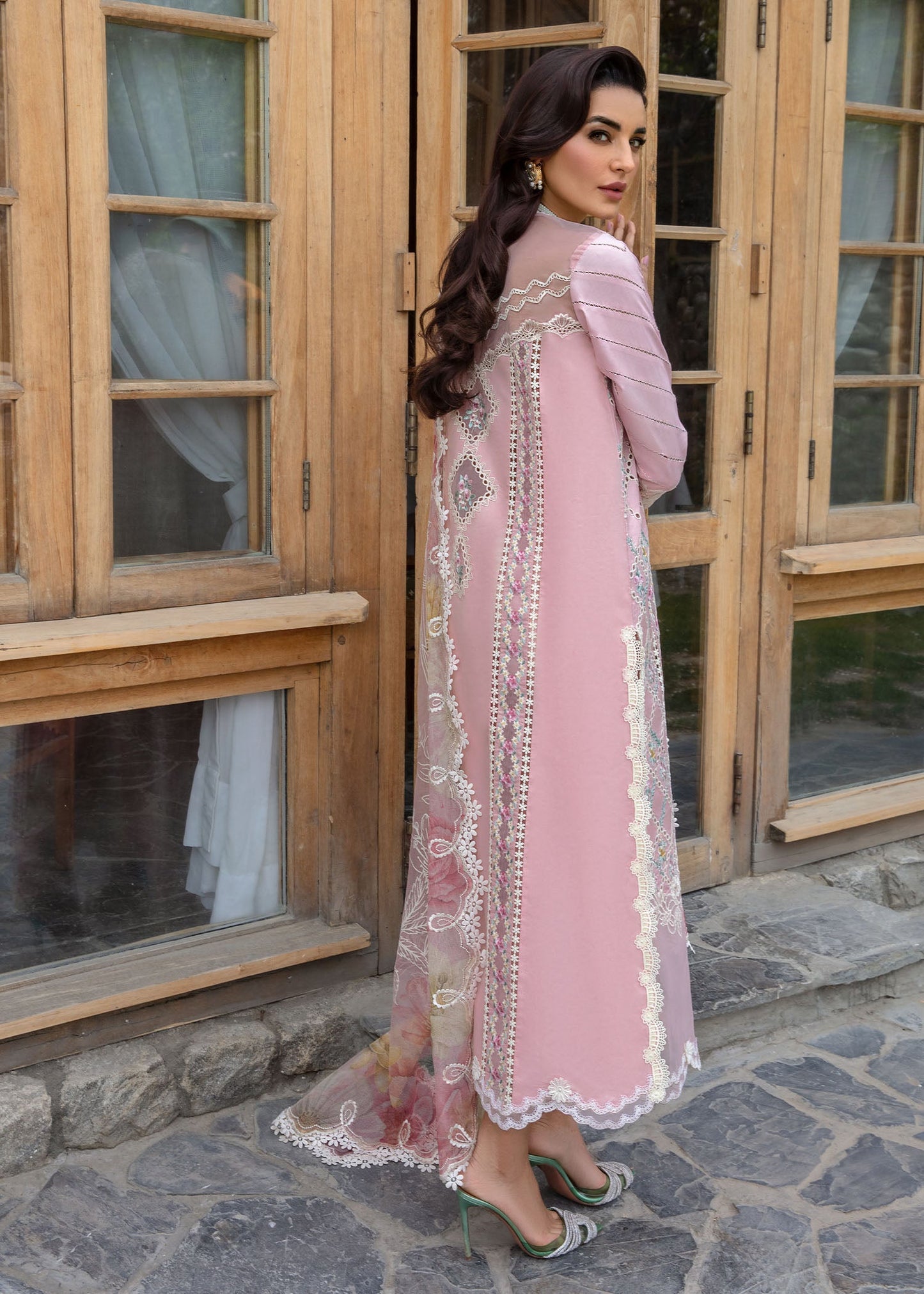 Crimson A Floral Mesh | Baby Pink - Chikankari Collection