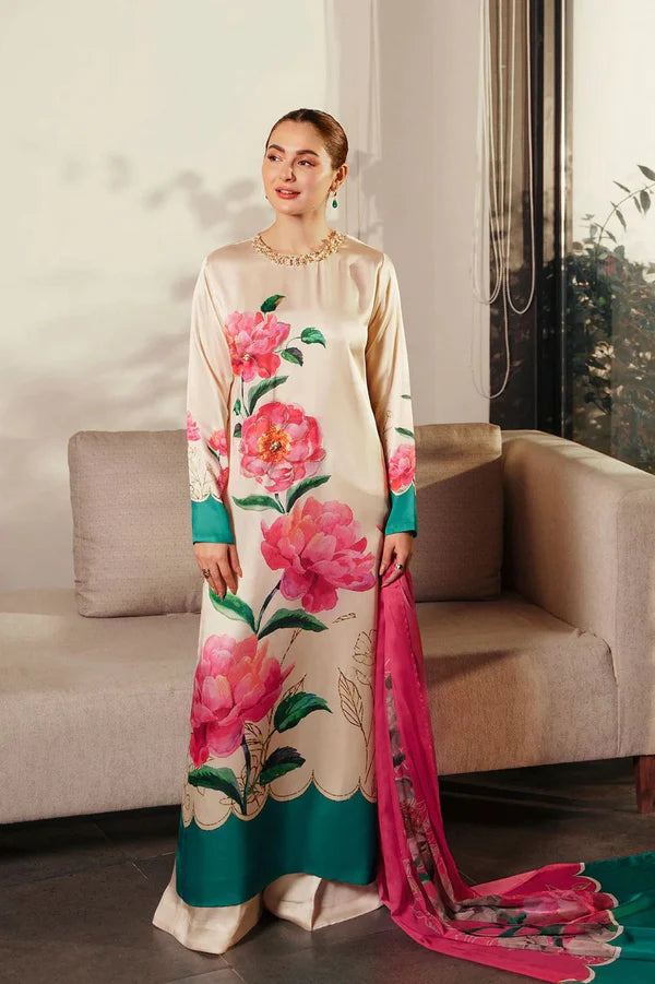 Lulusar Formal Silk Dress 3 PCS UNSTITCHED SUIT Qilar Long-White-Silk