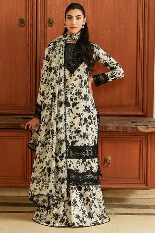 Aneela's Collection | Off-White & Black Floral Print - Lawn With Chiffon Dupatta