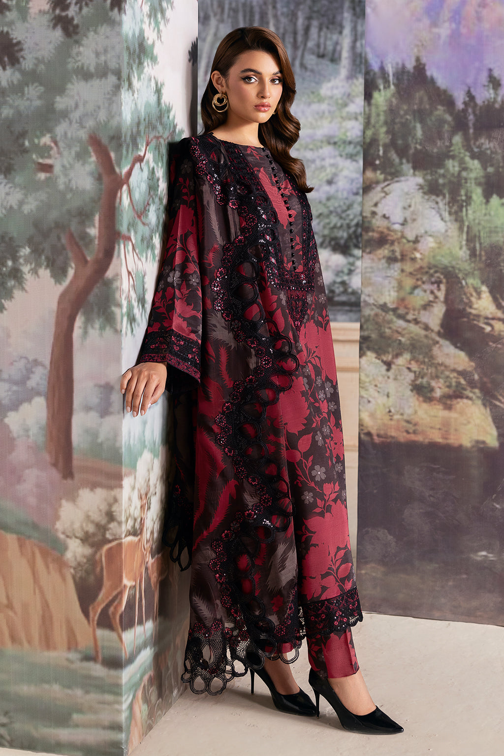 Ramsha JR-503 | Red & Black - Lawn with Chiffon Dupatta Collection