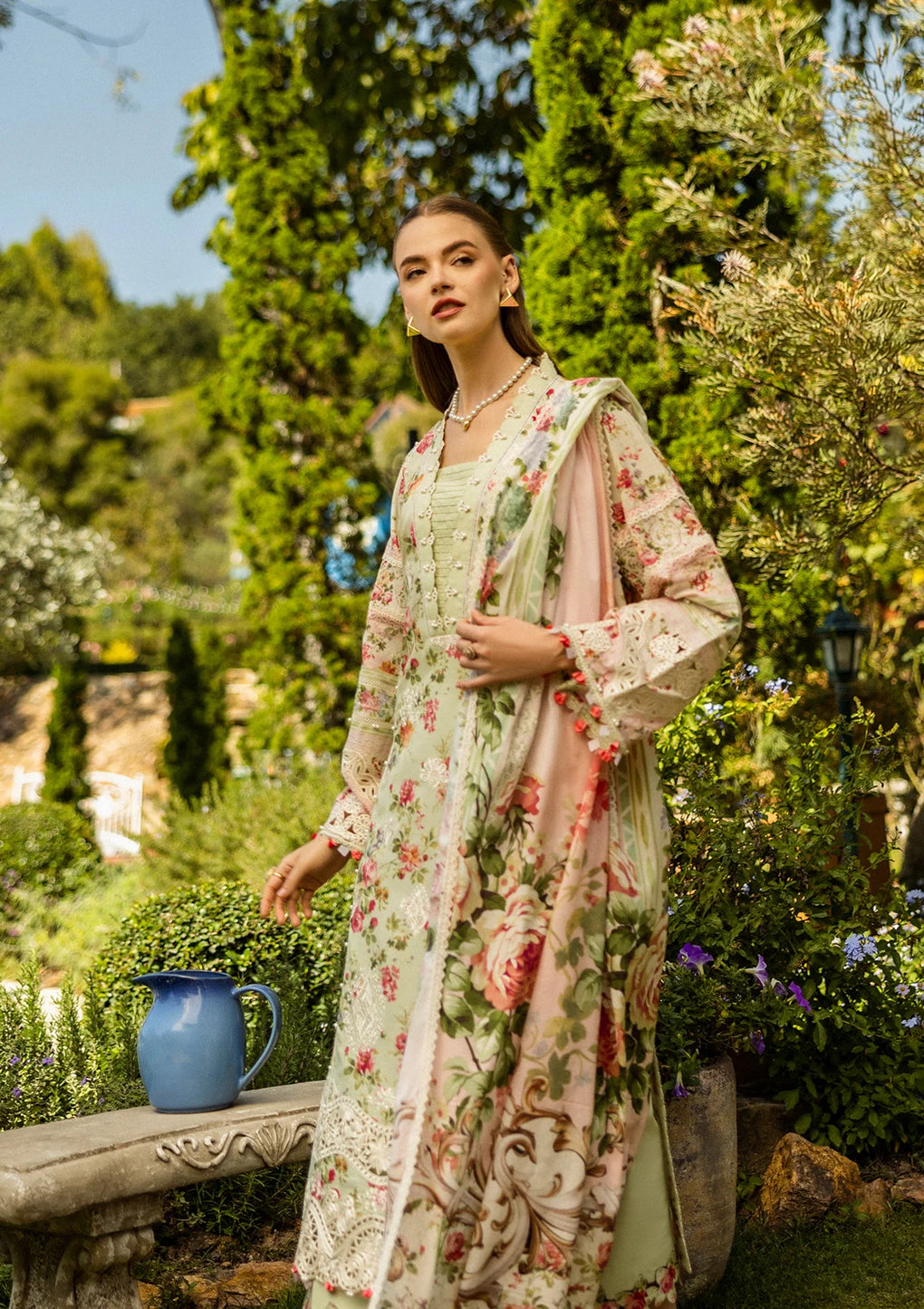 elafpremium | light beige - Lawn Shirt with Voil Dupatta