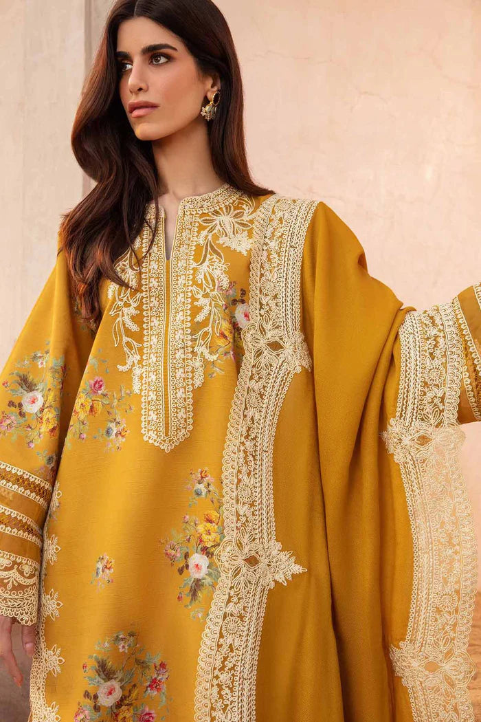 Yellow-Crimson Luxury 3PC Embroidered Lawn with Embroidered Chiffon Dupatta- GA1802