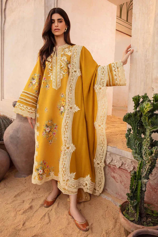 Yellow-Crimson Luxury 3PC Embroidered Lawn with Embroidered Chiffon Dupatta- GA1802