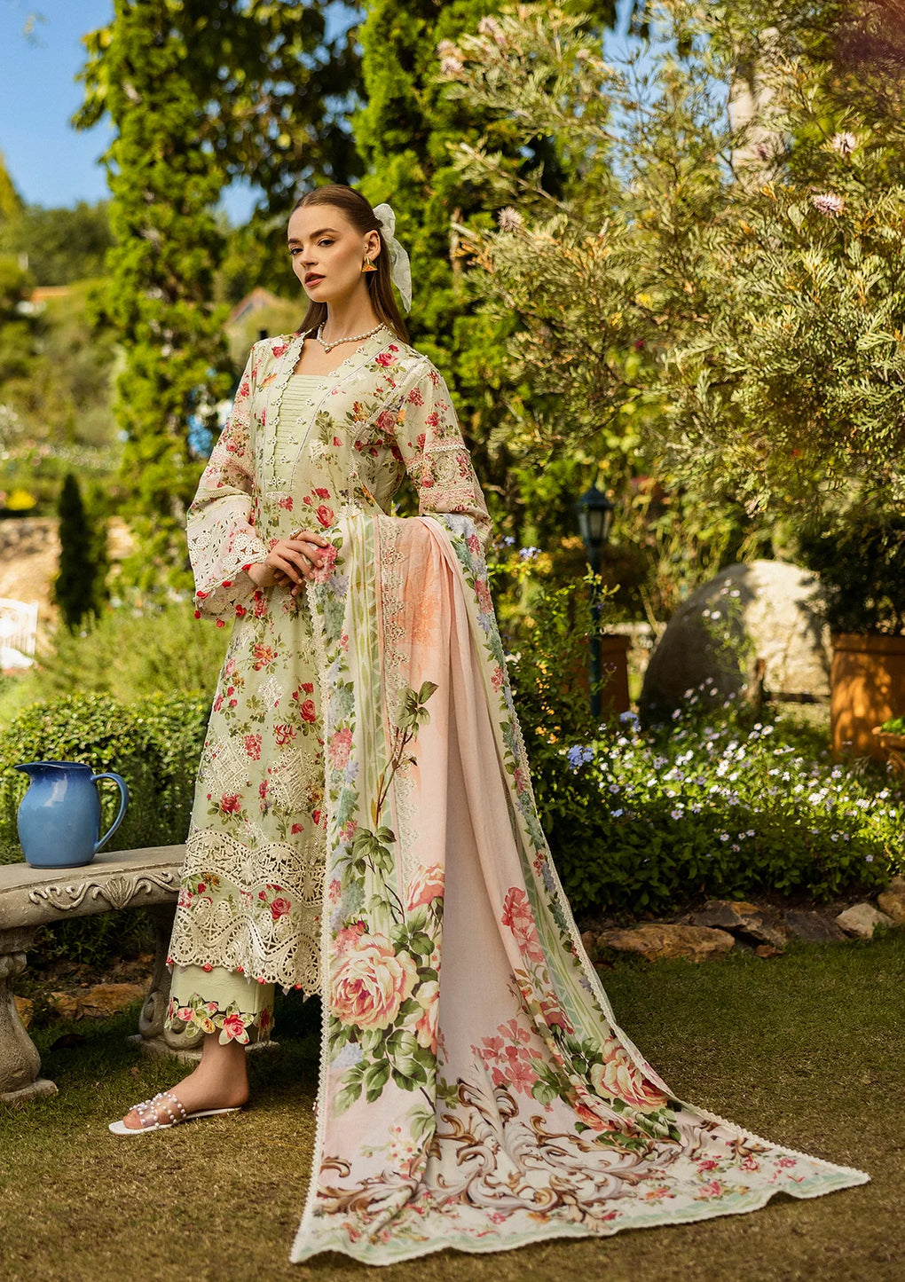 elafpremium | light beige - Lawn Shirt with Voil Dupatta