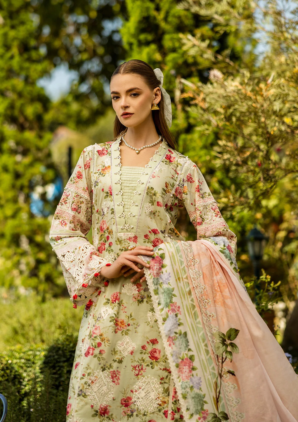 elafpremium | light beige - Lawn Shirt with Voil Dupatta
