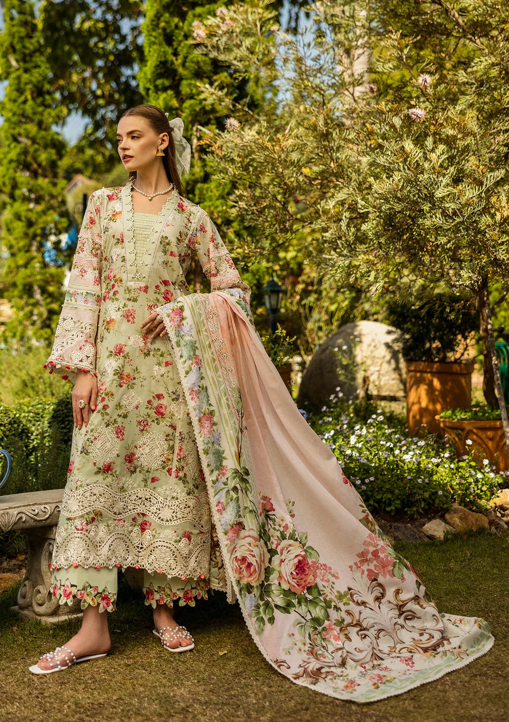 elafpremium | light beige - Lawn Shirt with Voil Dupatta