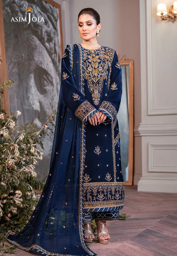 AJAM-08 EMBROIDERED VELVET 3 PCS-Blue-Velvet