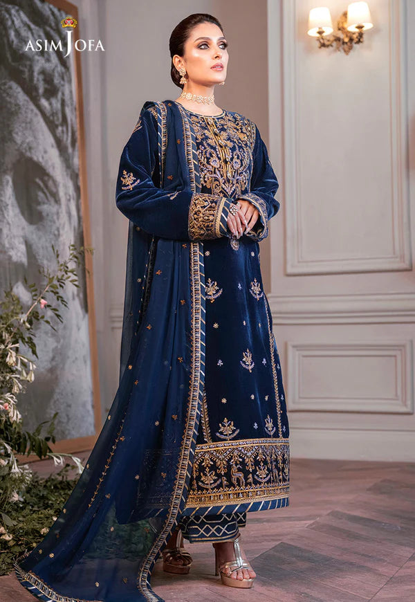 AJAM-08 EMBROIDERED VELVET 3 PCS-Blue-Velvet