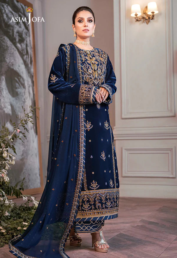AJAM-08 EMBROIDERED VELVET 3 PCS-Blue-Velvet