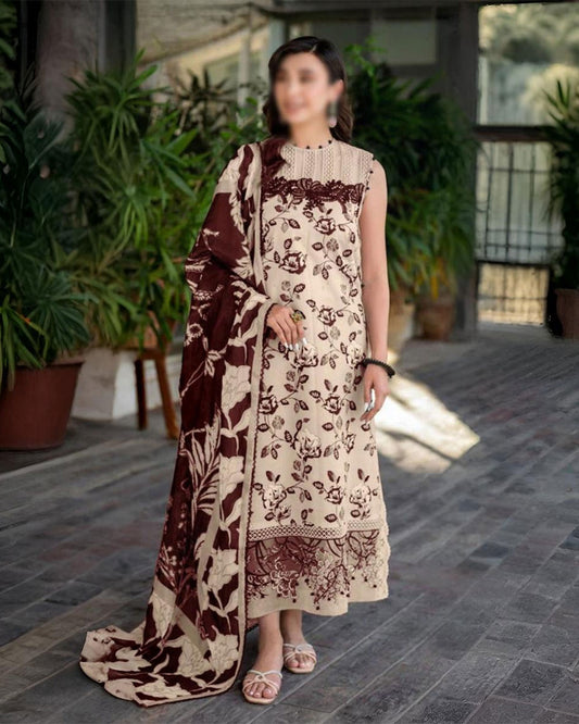 Asifa & Nabeel | Beige & Maroon - Embroidered & Printed Linen Collection