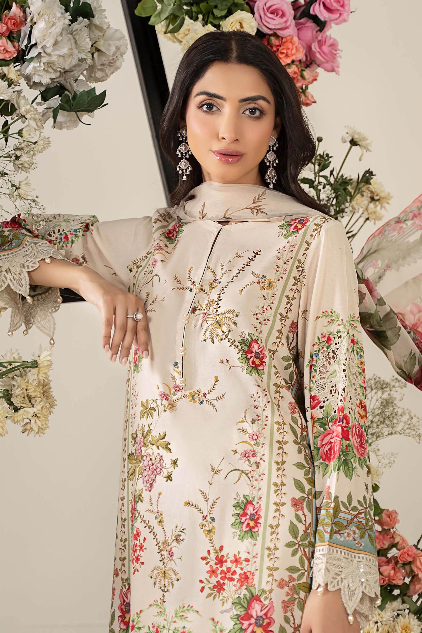 Maria B MPT-2605-A | Beige - 3 Piece Unstitched Embroidered Lawn Suit