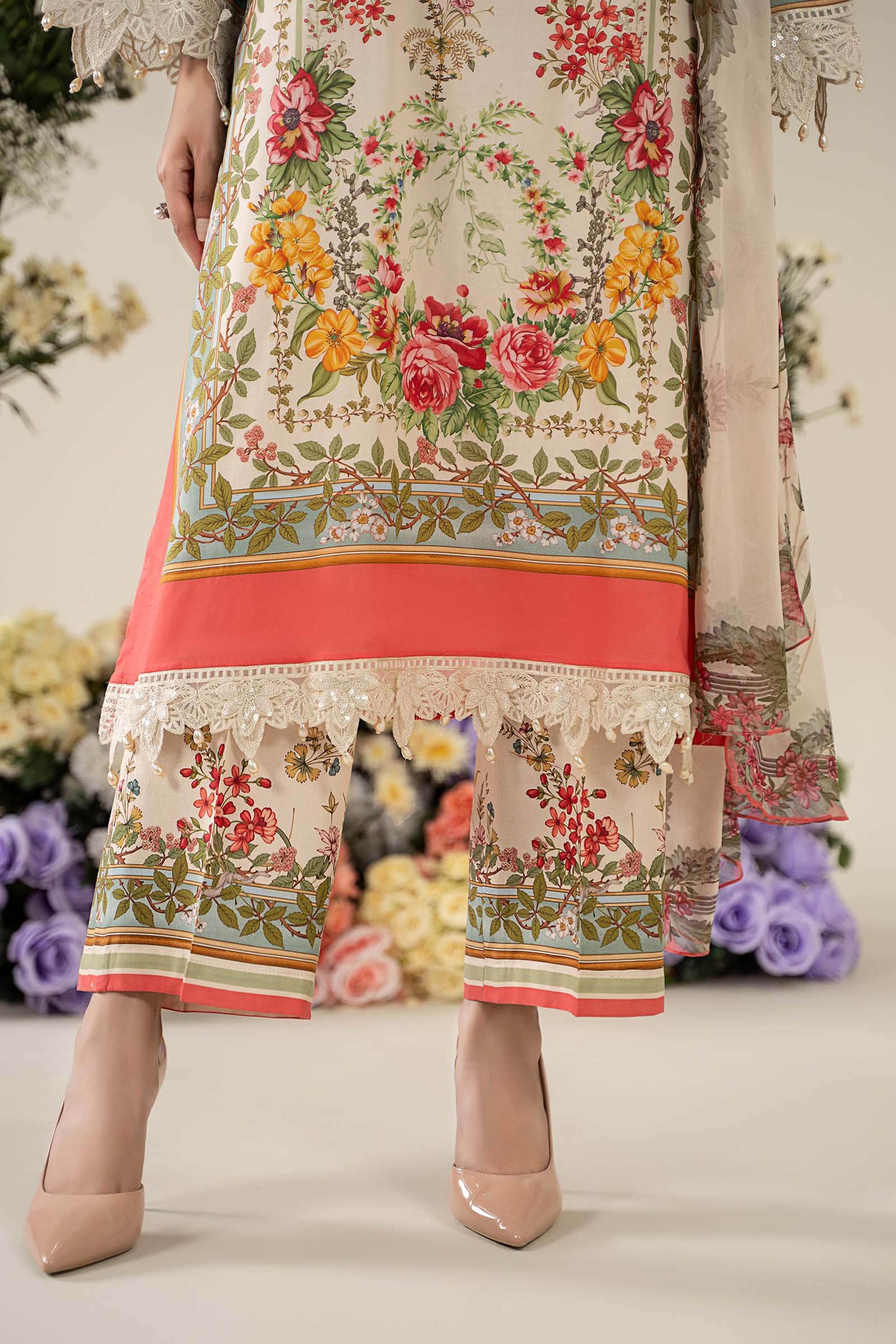 Maria B MPT-2605-A | Beige - 3 Piece Unstitched Embroidered Lawn Suit