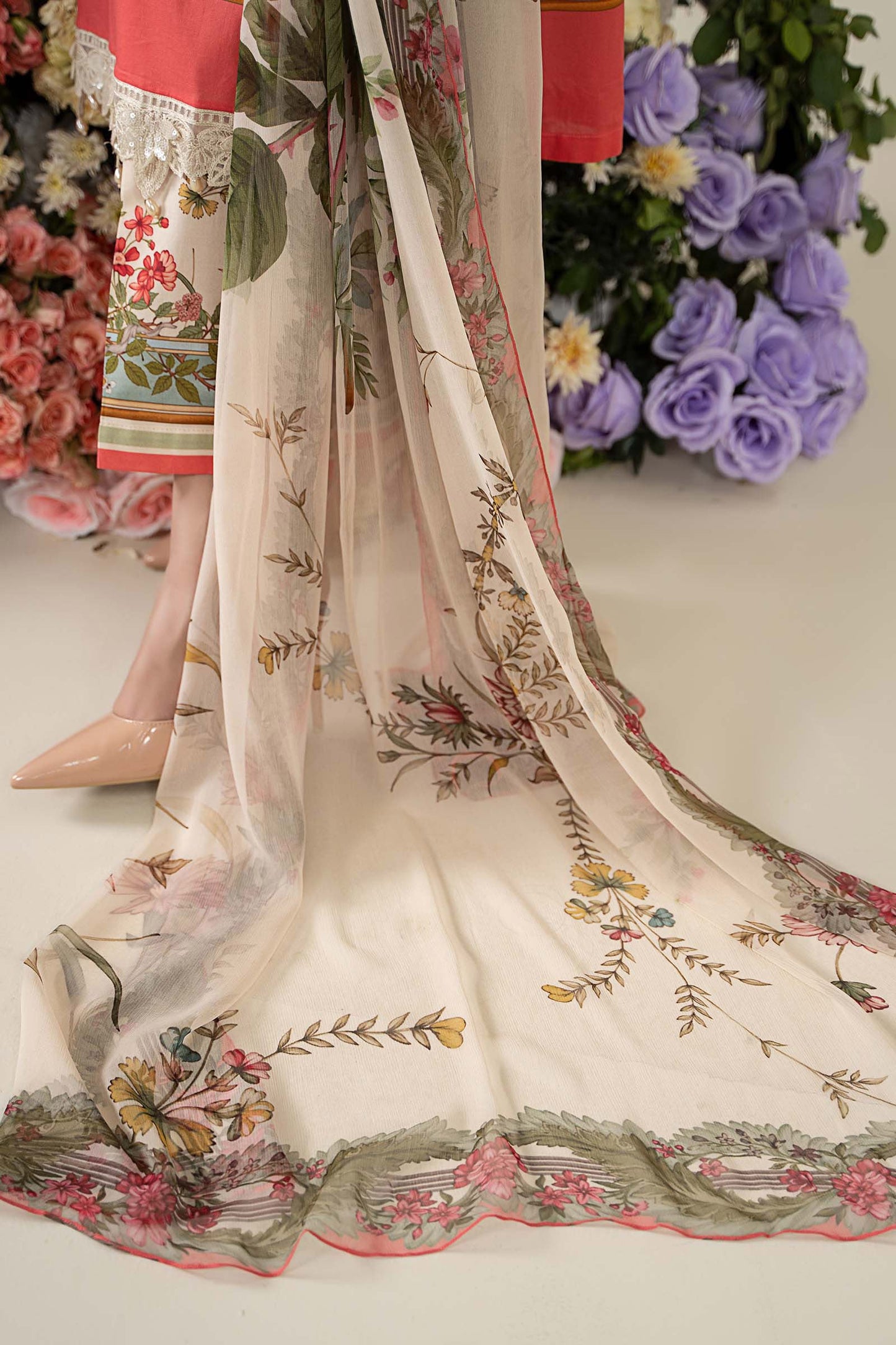 Maria B MPT-2605-A | Beige - 3 Piece Unstitched Embroidered Lawn Suit
