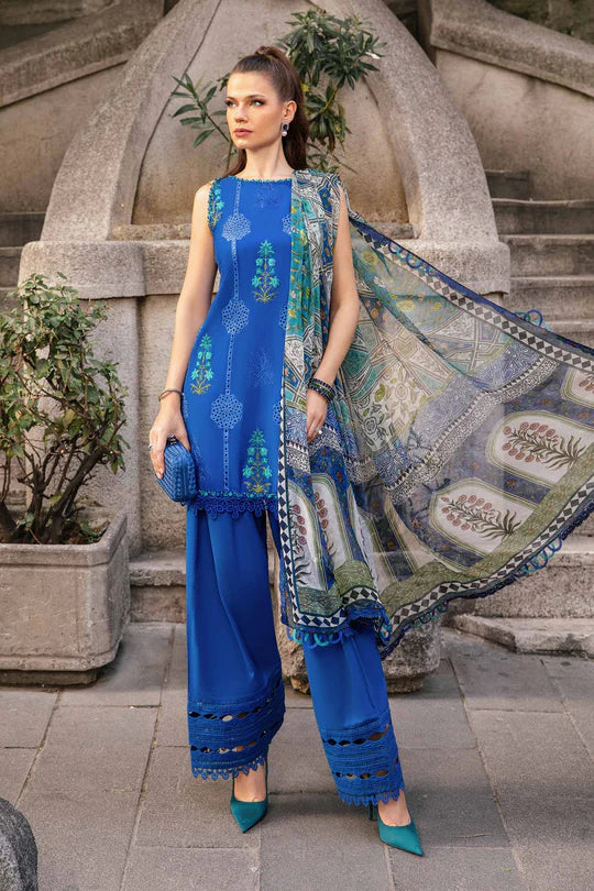 Blue-3 Piece Unstitched Printed Cambric Suit | MPT-2303-A-Blue-Cotton