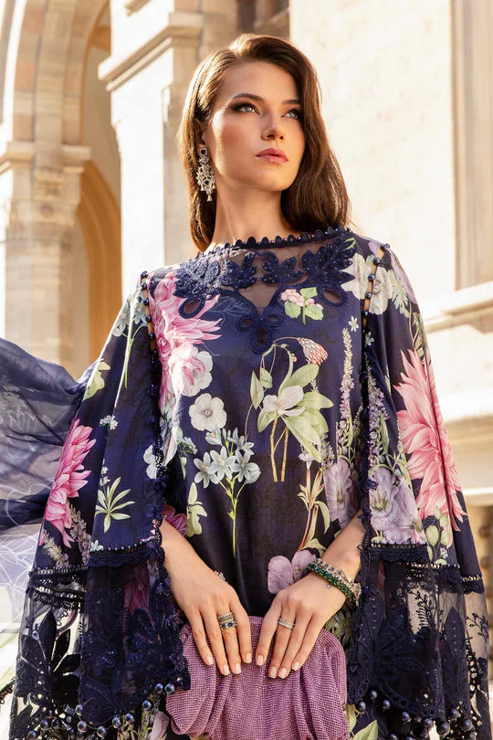 Navy-3 Piece Unstitched Printed Cambric Suit | MPT-2306-B
