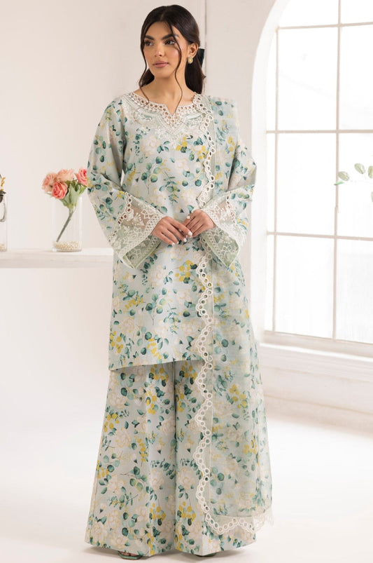Mohangni- Green-3 Pc Lawn Printed with Patches & Organza Dupatta Un-stitched-UN2628