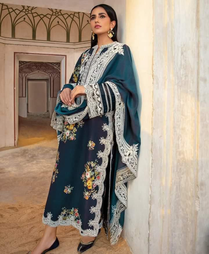Crimson Luxury three piece front full embroidery with chiffon embroidery dupatta D-1025-Green-Cotton