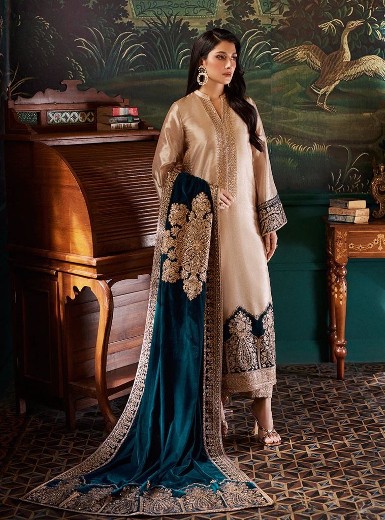 Zainab Chottani Embroidered Brocade Unstitched 3 Piece Suit - ZC23V 06 AMBER-Cream-Velvet