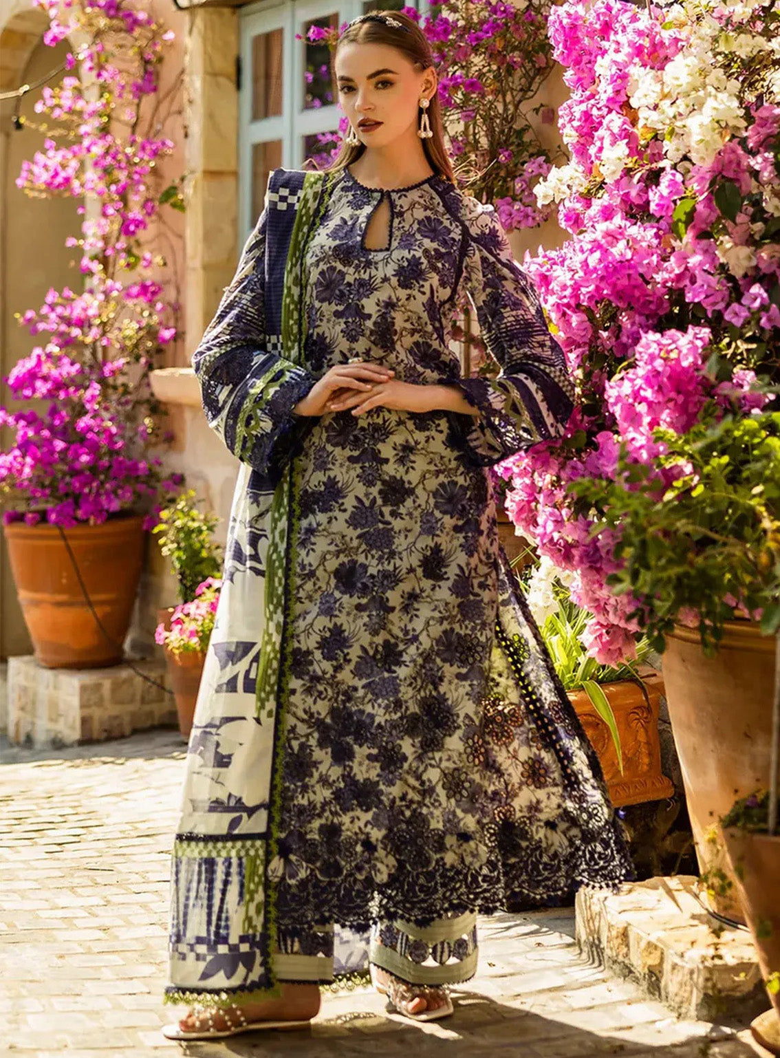 Blue-Elaf Embroidered 3 Piece Unstitched Lawn Suit- Chikankari Collection