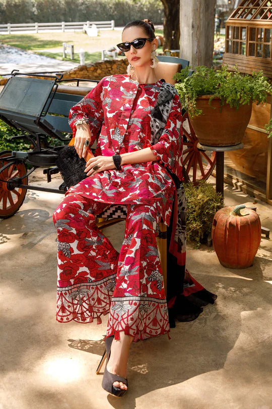 Embroidered Lawn 3 Piece Unstitched Suit MBL-MPT-1710-A-23 -Red