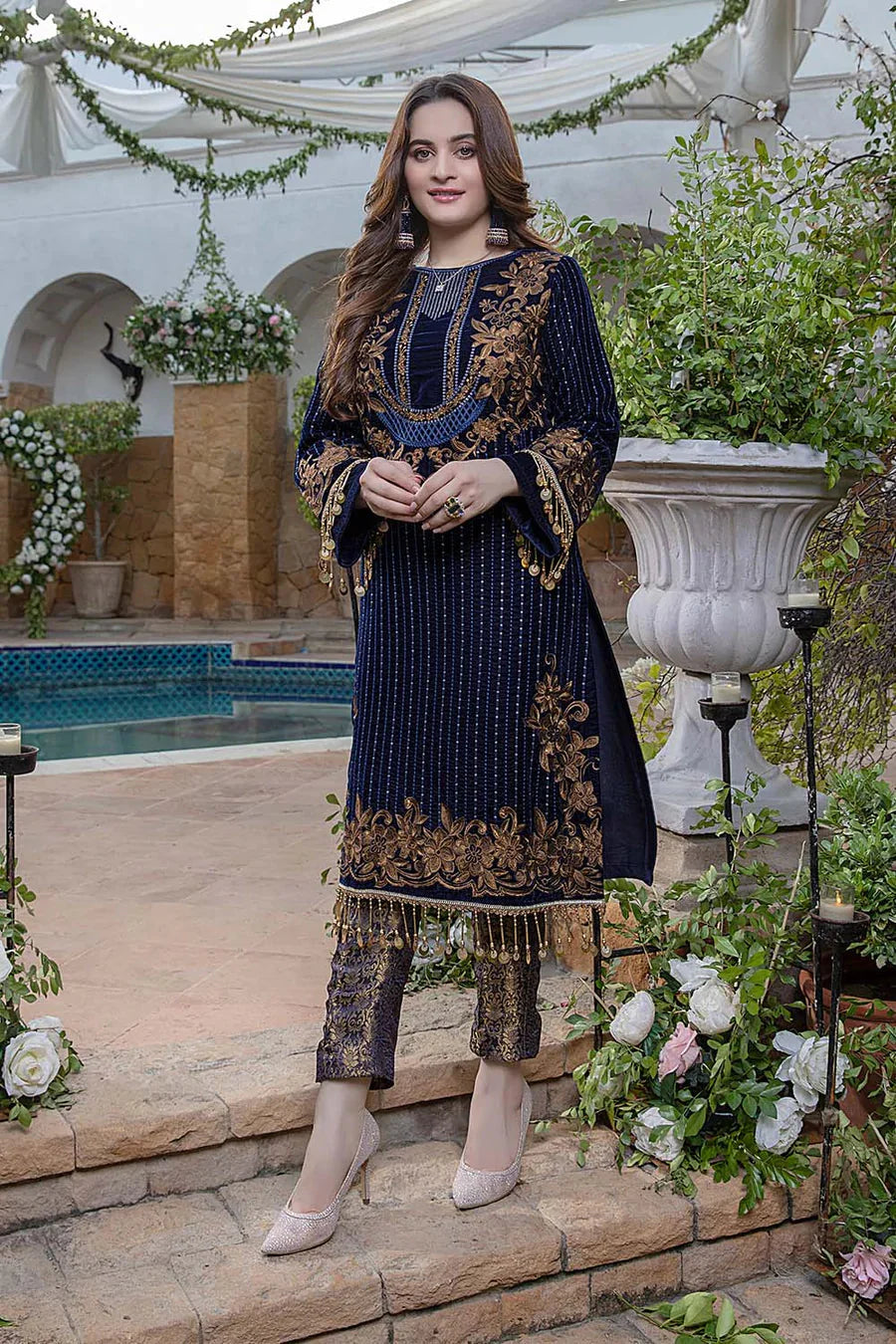 Azure Navy blue Velvet Embroidery Dress 3pc Azure Navy blue Velvet Embroidery Dress 3pc