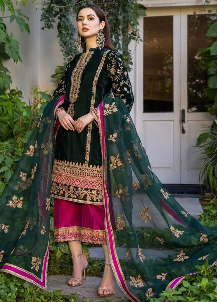 Embroidered Unstitched 3 Piece Velvet Suit ZCV-D02-22 Party Wear-Green-Velvet