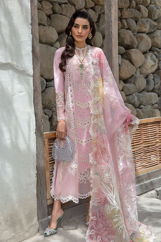 Crimson A Floral Mesh | Baby Pink - Chikankari Collection