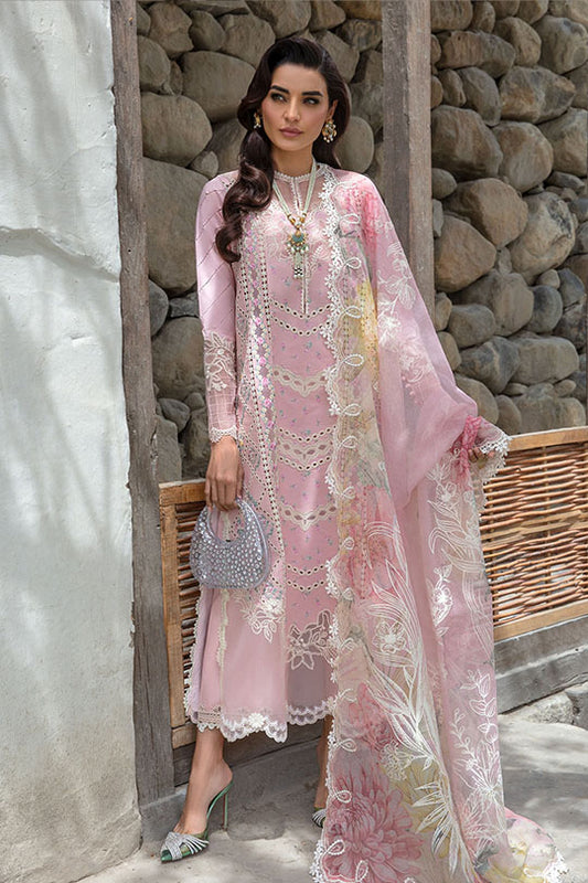 Crimson A Floral Mesh | Baby Pink - Chikankari Collection