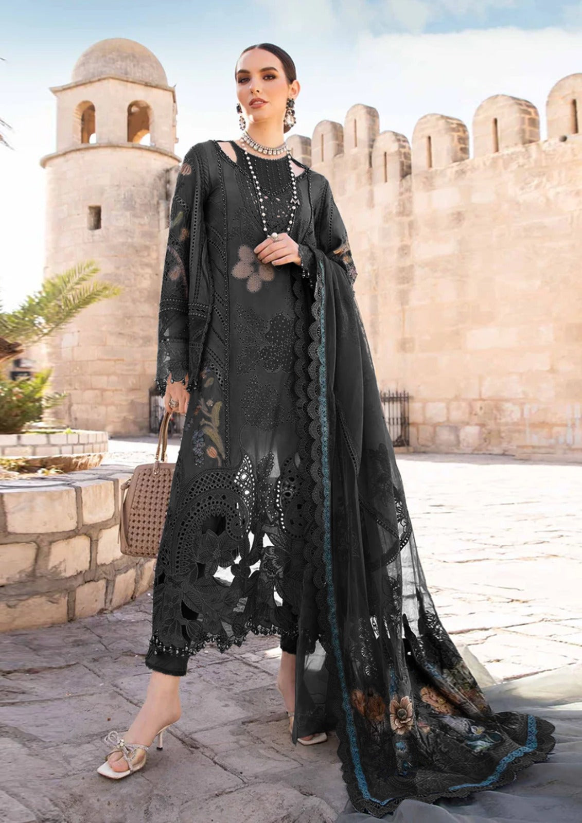 Unstitched Lawn | D-2407-B-Black-Chikankari