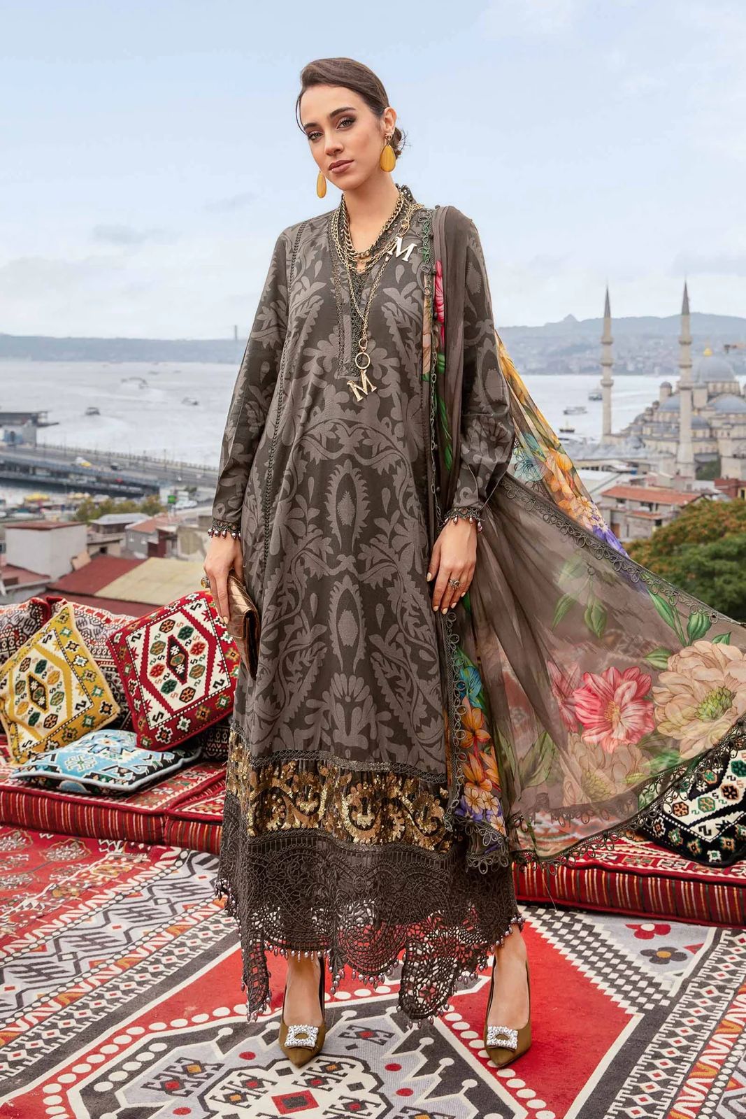 3 Piece Unstitched Printed Cambric Suit | MPT-2307-A- Brown