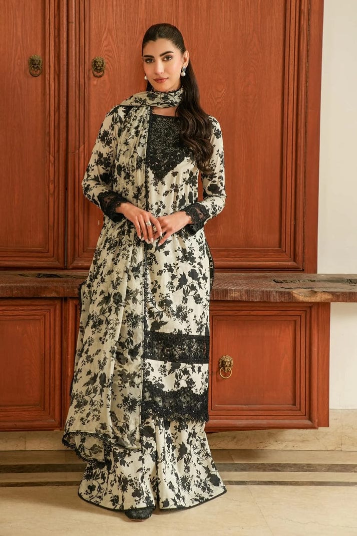 Aneela's Collection | Off-White & Black Floral Print - Lawn With Chiffon Dupatta